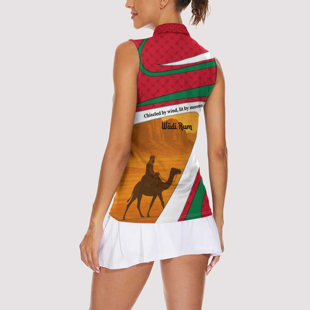 Wadi Rum Desert Women Sleeveless Polo Shirt with Camel Rider and Jordan Flag Colors