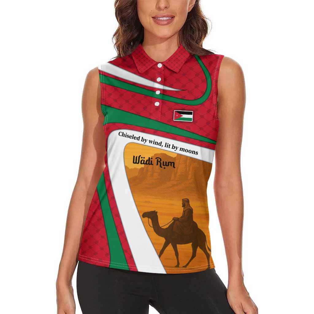 Wadi Rum Desert Women Sleeveless Polo Shirt with Camel Rider and Jordan Flag Colors