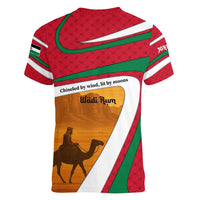 Wadi Rum Desert Women V-Neck T-Shirt with Camel Rider and Jordan Flag Colors