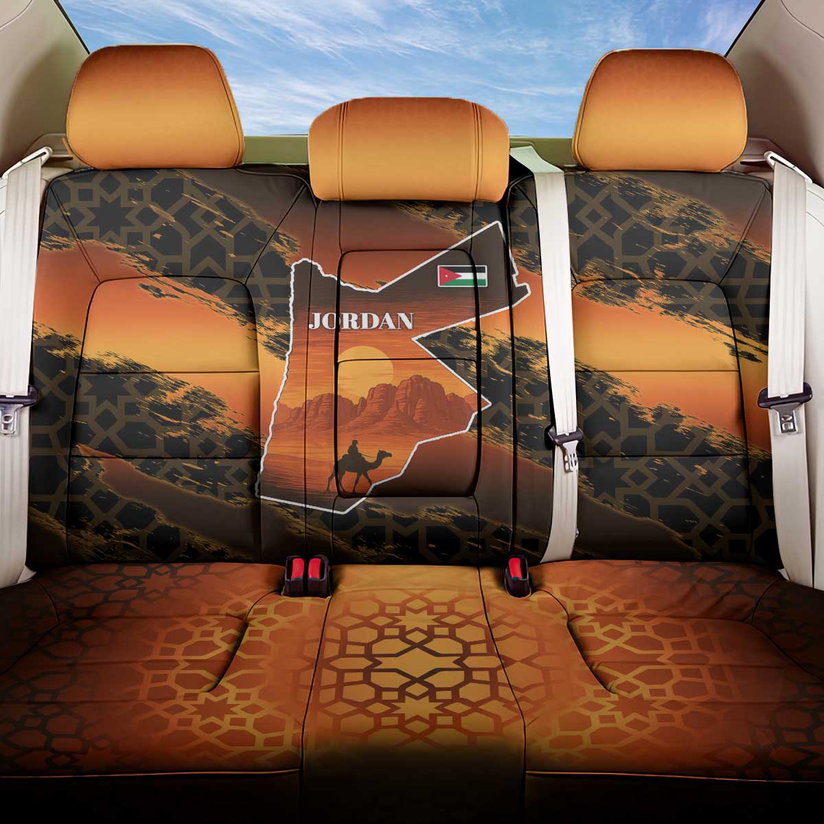 Jordan Desert Sunset Back Car Seat Cover with Camel and Traditional Geometric Pattern