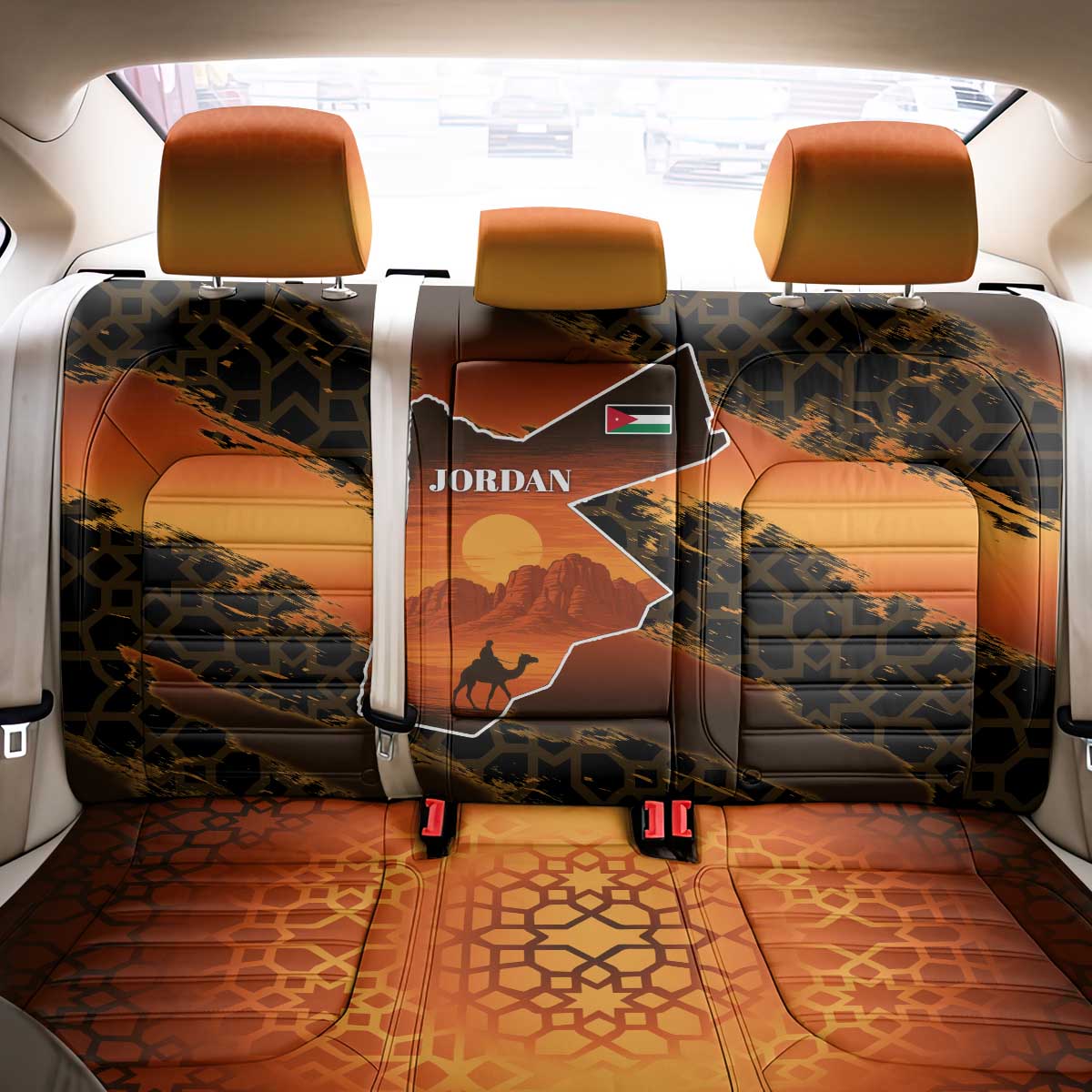 Jordan Desert Sunset Back Car Seat Cover with Camel and Traditional Geometric Pattern