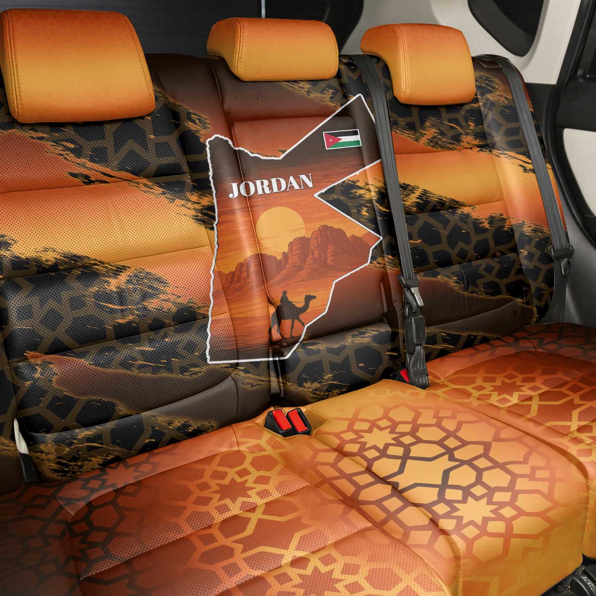 Jordan Desert Sunset Back Car Seat Cover with Camel and Traditional Geometric Pattern
