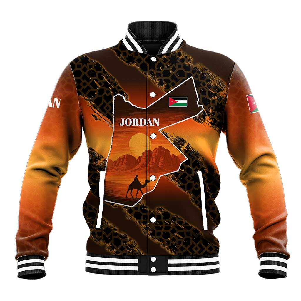Jordan Desert Sunset Baseball Jacket with Camel and Traditional Geometric Pattern