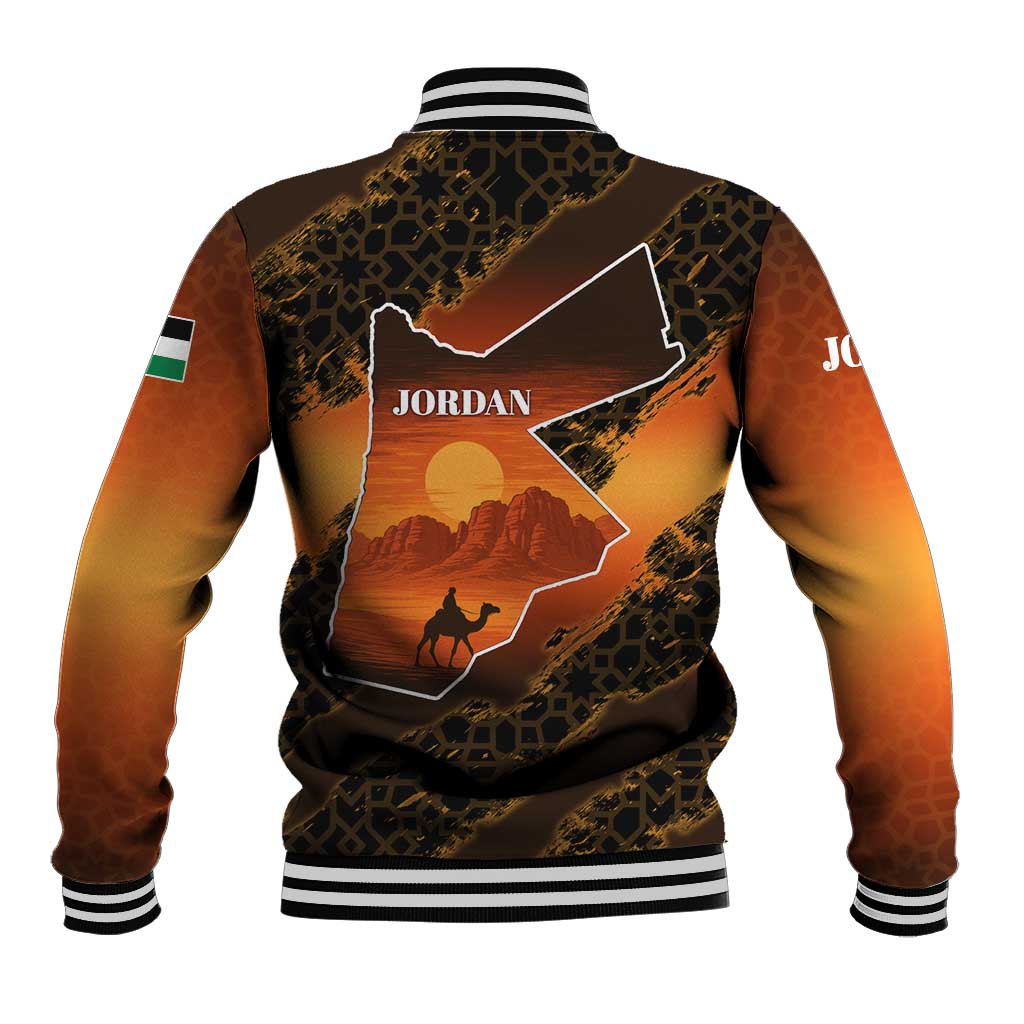 Jordan Desert Sunset Baseball Jacket with Camel and Traditional Geometric Pattern