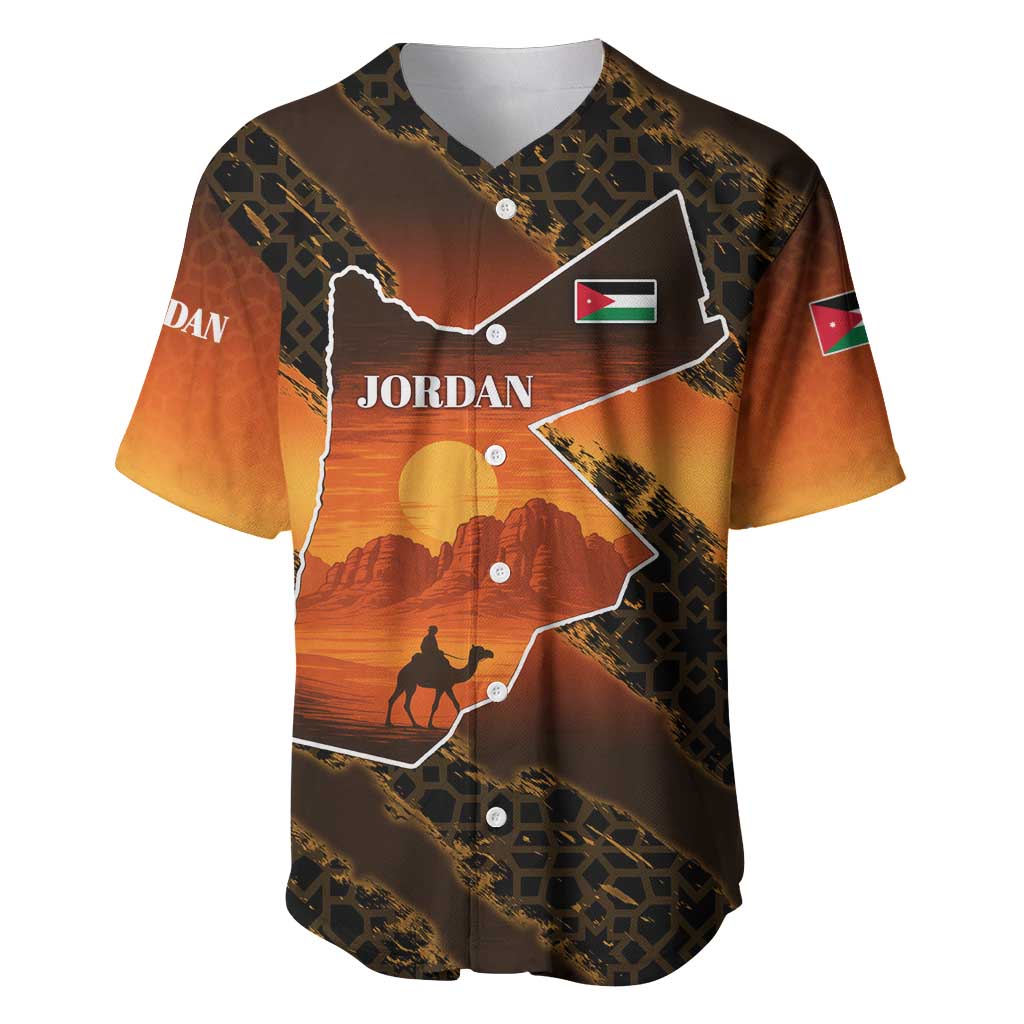 Jordan Desert Sunset Baseball Jersey with Camel and Traditional Geometric Pattern