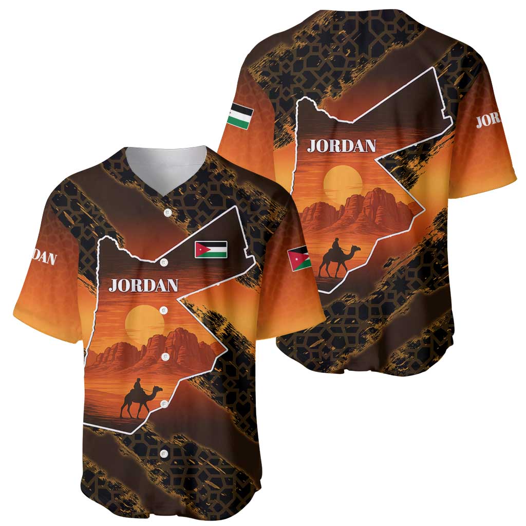 Jordan Desert Sunset Baseball Jersey with Camel and Traditional Geometric Pattern