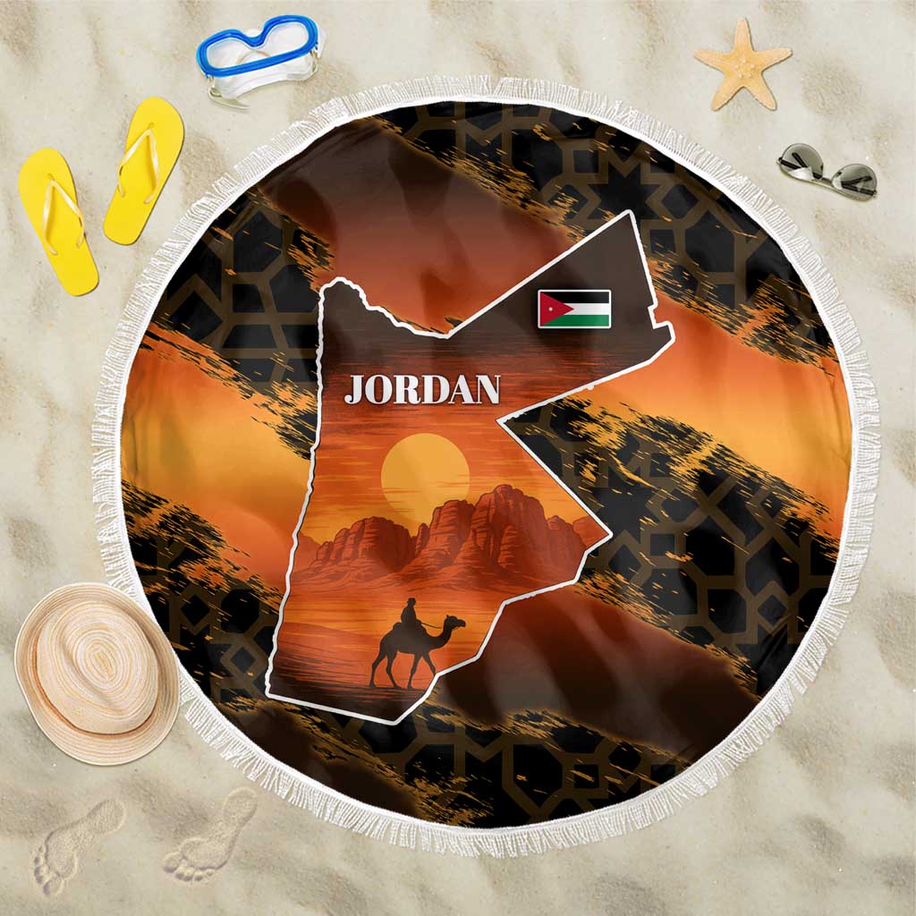 Jordan Desert Sunset Beach Blanket with Camel and Traditional Geometric Pattern