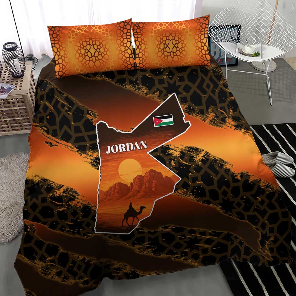 Jordan Desert Sunset Bedding Set with Camel and Traditional Geometric Pattern