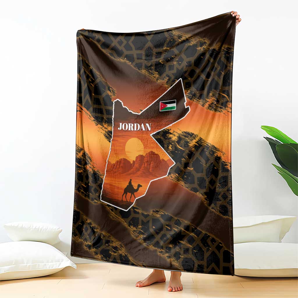 Jordan Desert Sunset Blanket with Camel and Traditional Geometric Pattern