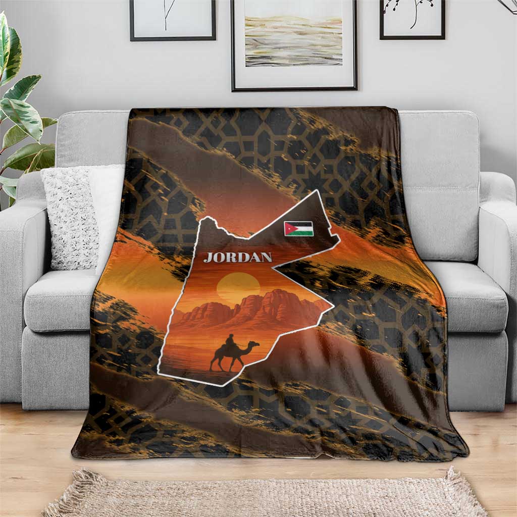 Jordan Desert Sunset Blanket with Camel and Traditional Geometric Pattern