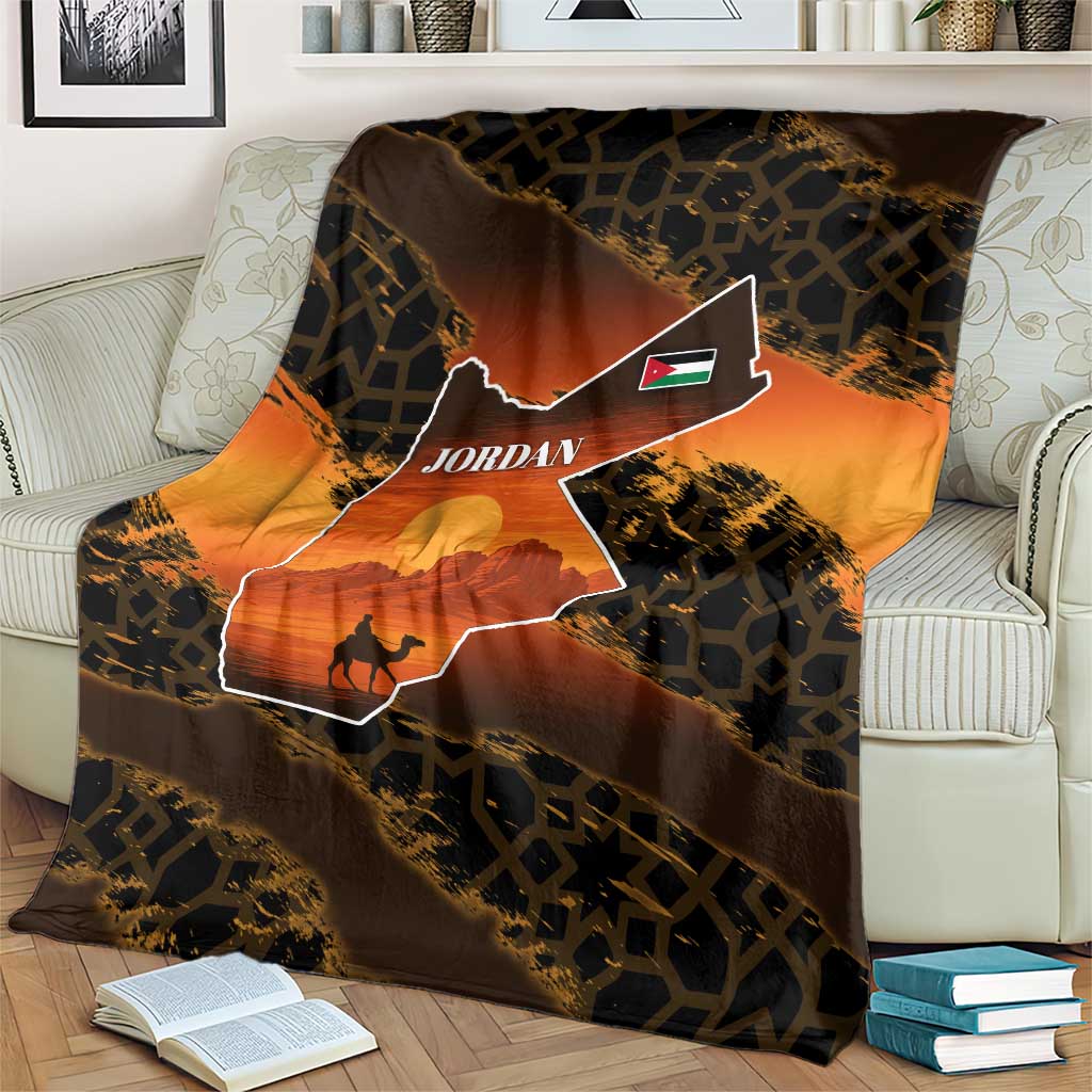 Jordan Desert Sunset Blanket with Camel and Traditional Geometric Pattern