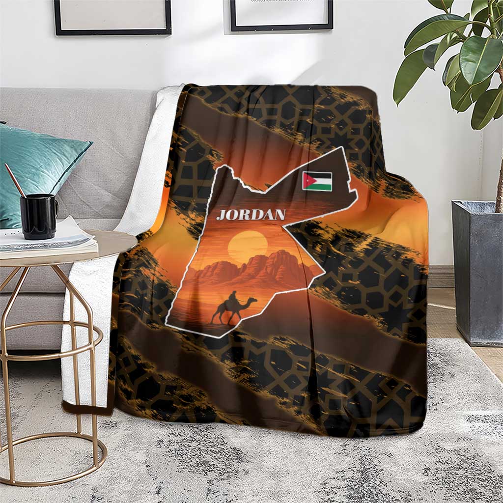 Jordan Desert Sunset Blanket with Camel and Traditional Geometric Pattern