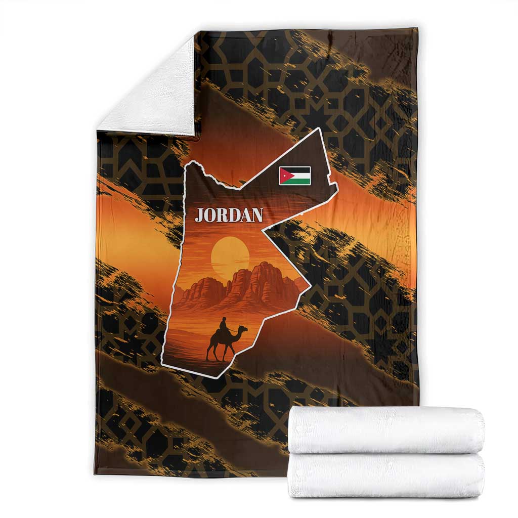 Jordan Desert Sunset Blanket with Camel and Traditional Geometric Pattern