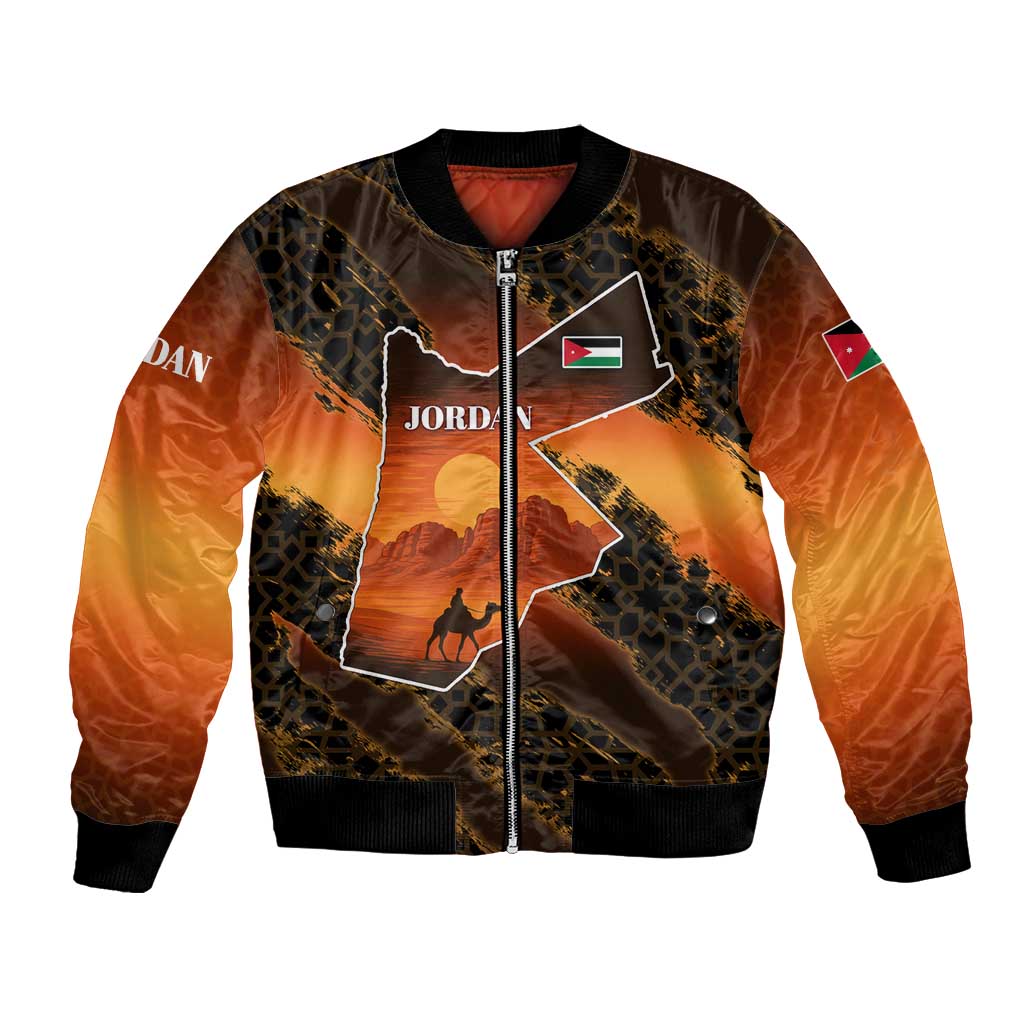 Jordan Desert Sunset Bomber Jacket with Camel and Traditional Geometric Pattern
