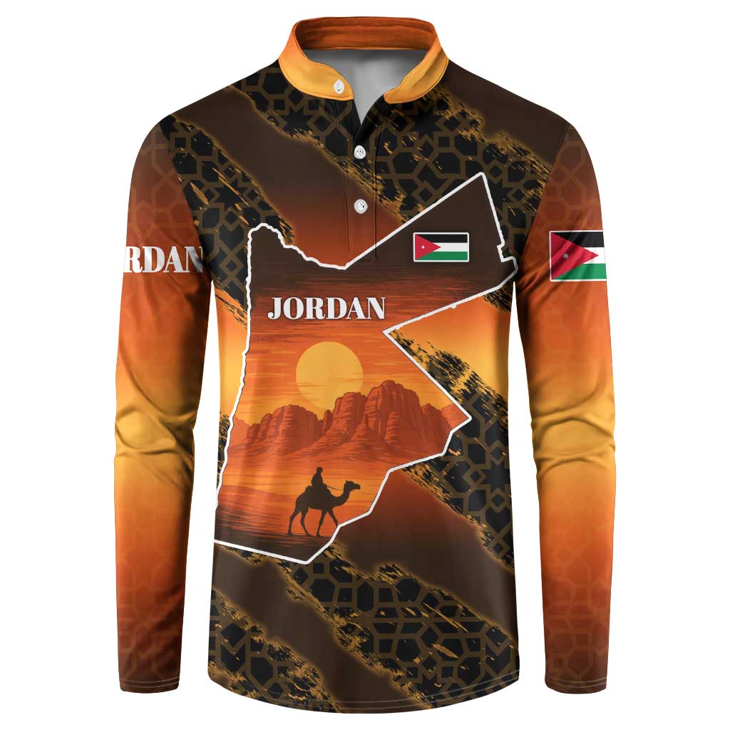 Jordan Desert Sunset Button Sweatshirt with Camel and Traditional Geometric Pattern