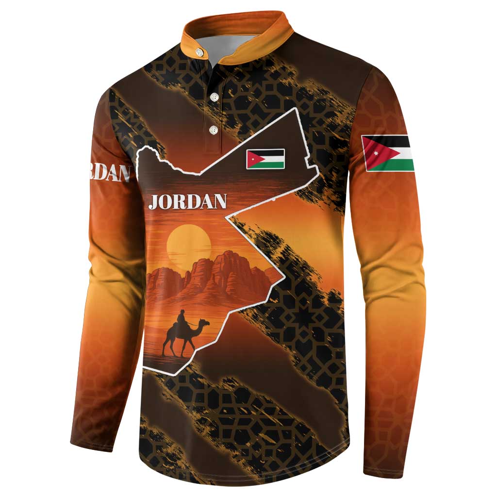 Jordan Desert Sunset Button Sweatshirt with Camel and Traditional Geometric Pattern