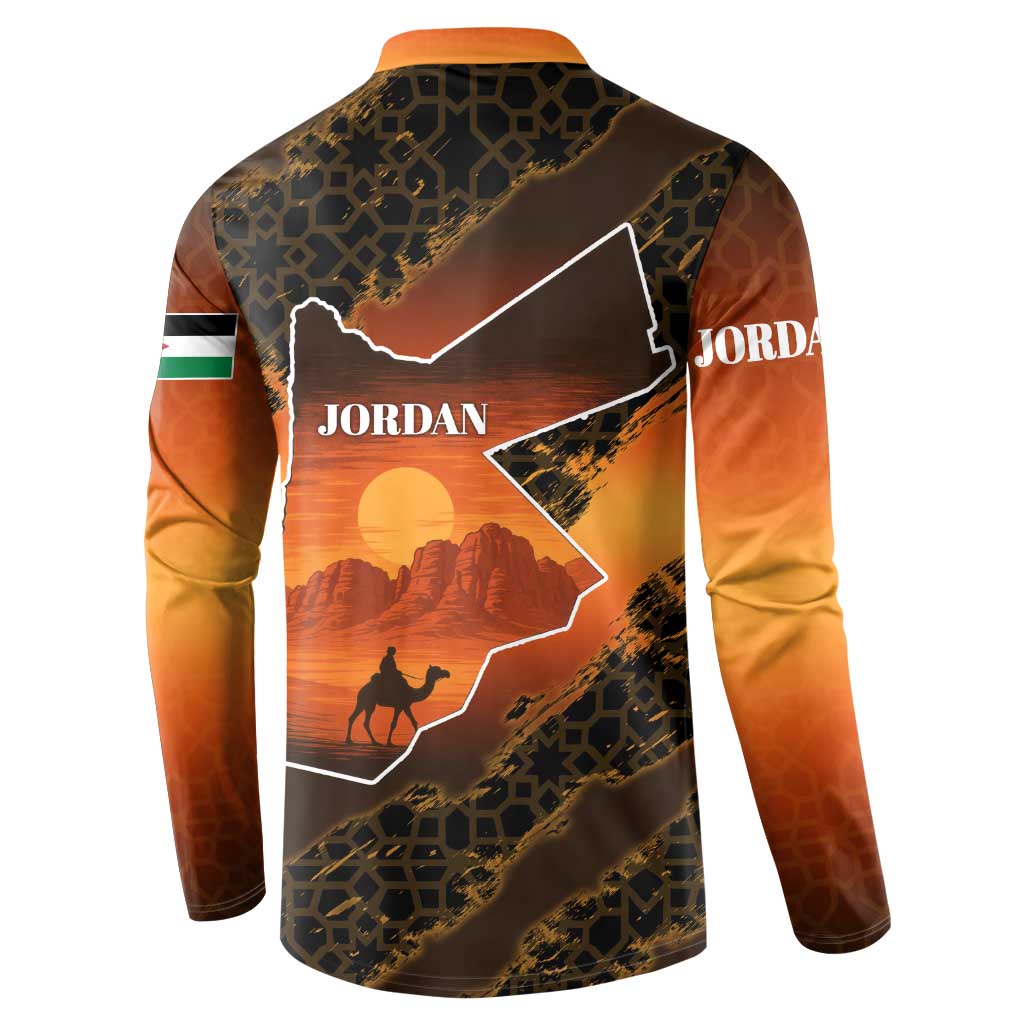 Jordan Desert Sunset Button Sweatshirt with Camel and Traditional Geometric Pattern