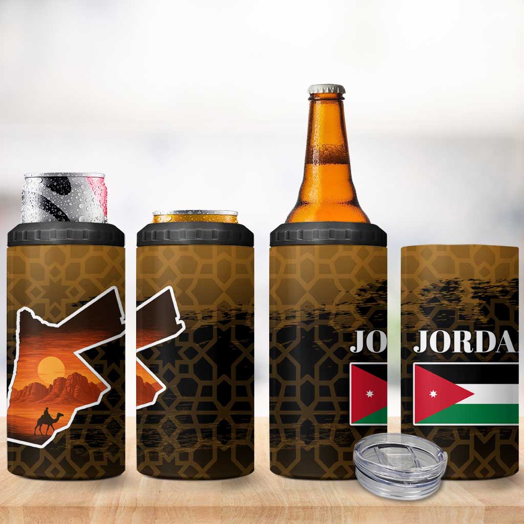Jordan Desert Sunset 4 in 1 Can Cooler Tumbler with Camel and Traditional Geometric Pattern