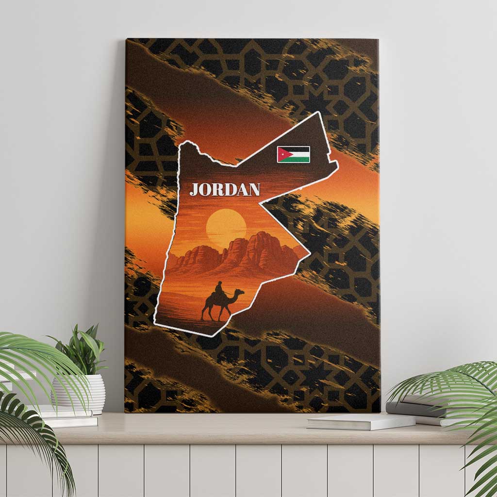 Jordan Desert Sunset Canvas Wall Art with Camel and Traditional Geometric Pattern