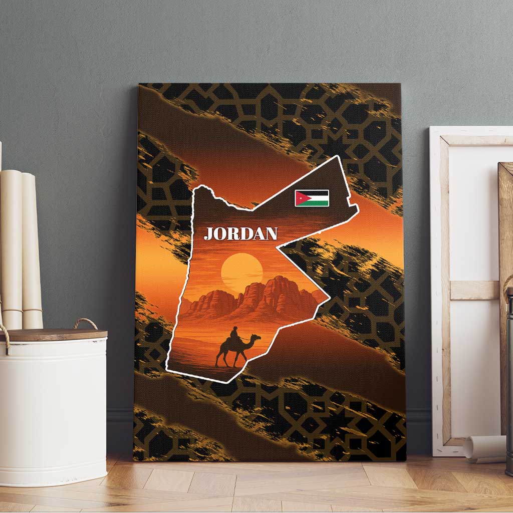 Jordan Desert Sunset Canvas Wall Art with Camel and Traditional Geometric Pattern