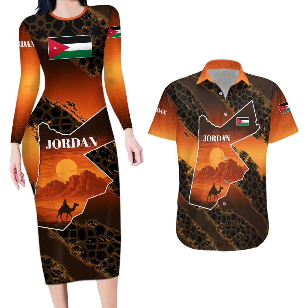 Jordan Desert Sunset Couples Matching Long Sleeve Bodycon Dress and Hawaiian Shirt with Camel and Traditional Geometric Pattern