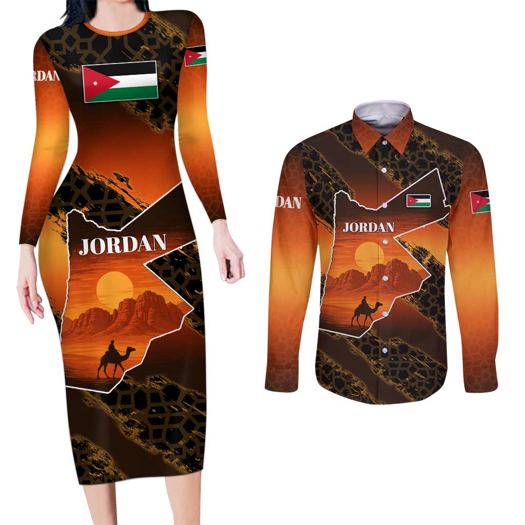 Jordan Desert Sunset Couples Matching Long Sleeve Bodycon Dress and Long Sleeve Button Shirt with Camel and Traditional Geometric Pattern