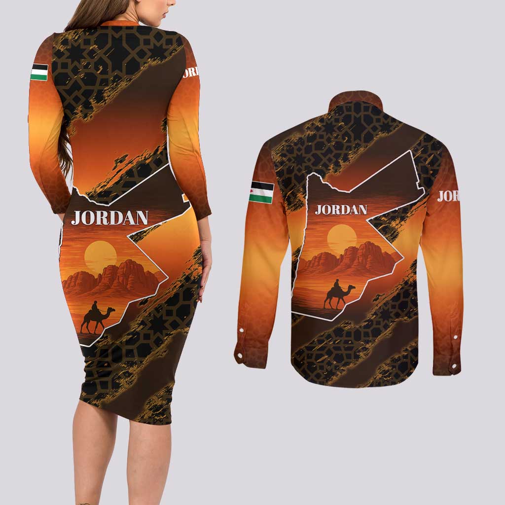 Jordan Desert Sunset Couples Matching Long Sleeve Bodycon Dress and Long Sleeve Button Shirt with Camel and Traditional Geometric Pattern