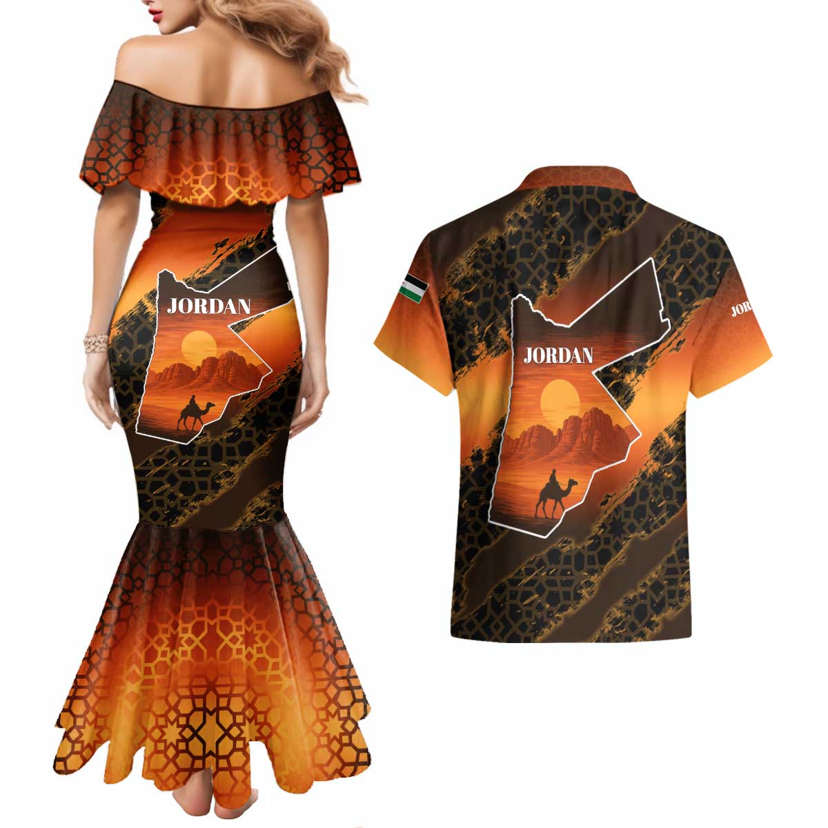 Jordan Desert Sunset Couples Matching Mermaid Dress and Hawaiian Shirt with Camel and Traditional Geometric Pattern