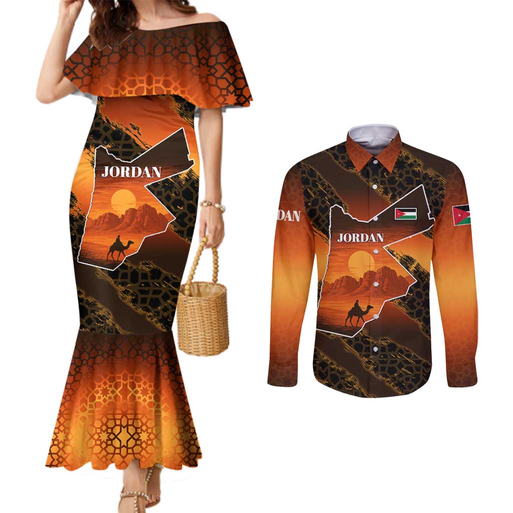 Jordan Desert Sunset Couples Matching Mermaid Dress and Long Sleeve Button Shirt with Camel and Traditional Geometric Pattern