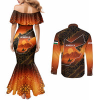 Jordan Desert Sunset Couples Matching Mermaid Dress and Long Sleeve Button Shirt with Camel and Traditional Geometric Pattern