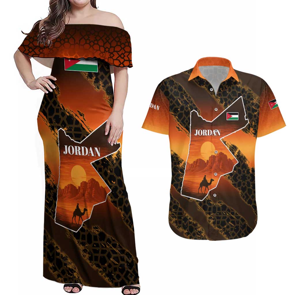 Jordan Desert Sunset Couples Matching Off Shoulder Maxi Dress and Hawaiian Shirt with Camel and Traditional Geometric Pattern