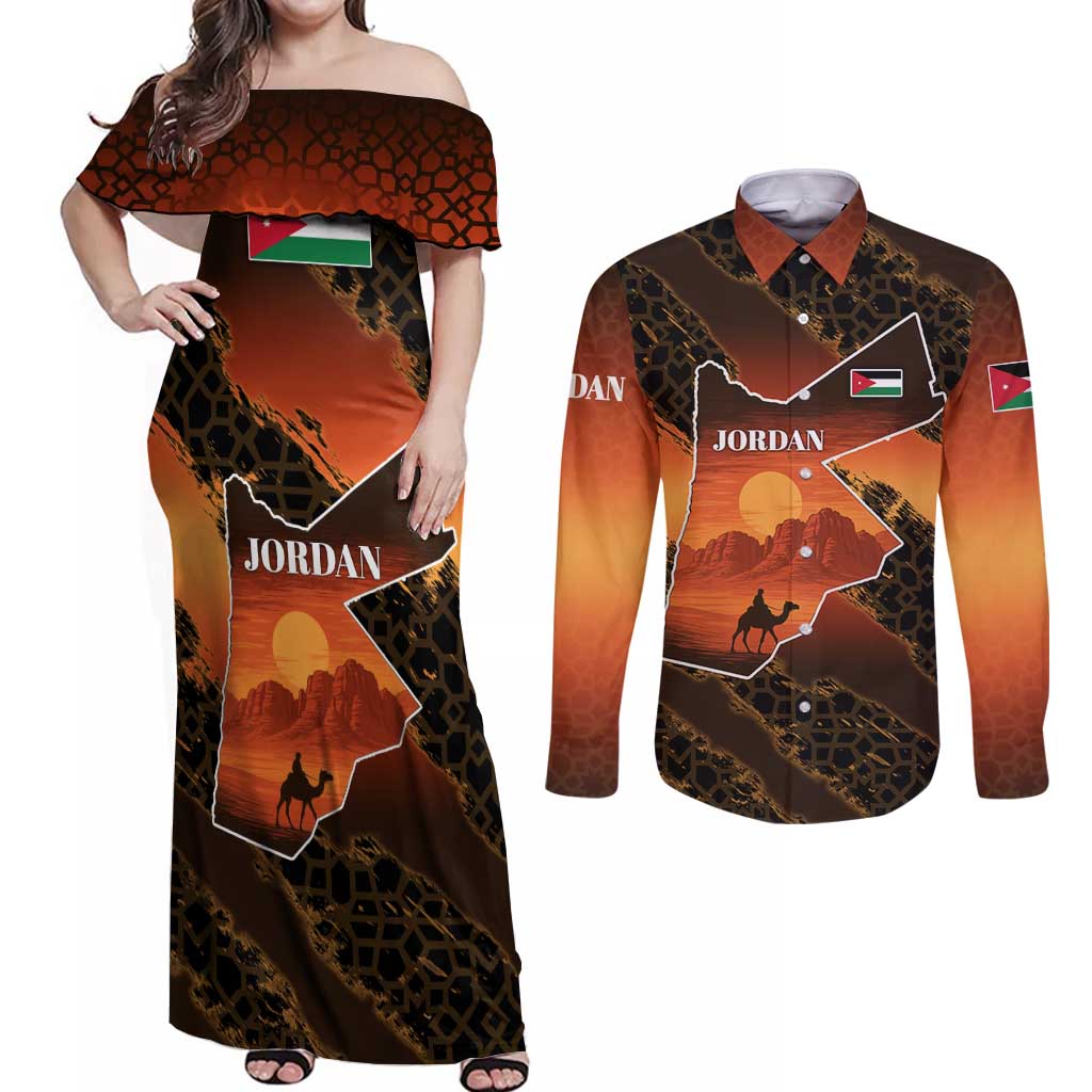 Jordan Desert Sunset Couples Matching Off Shoulder Maxi Dress and Long Sleeve Button Shirt with Camel and Traditional Geometric Pattern