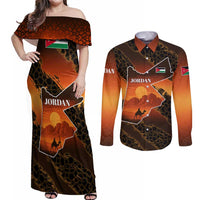 Jordan Desert Sunset Couples Matching Off Shoulder Maxi Dress and Long Sleeve Button Shirt with Camel and Traditional Geometric Pattern