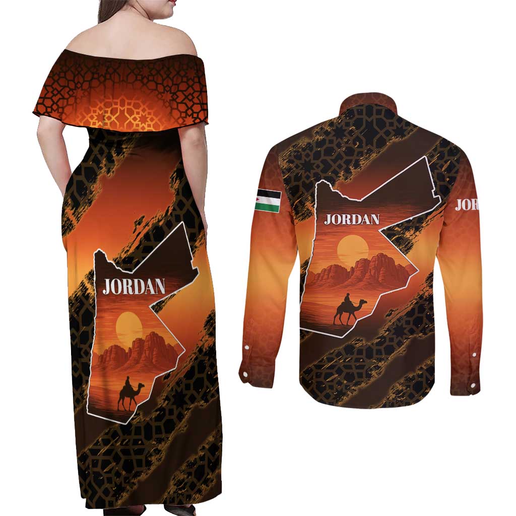 Jordan Desert Sunset Couples Matching Off Shoulder Maxi Dress and Long Sleeve Button Shirt with Camel and Traditional Geometric Pattern