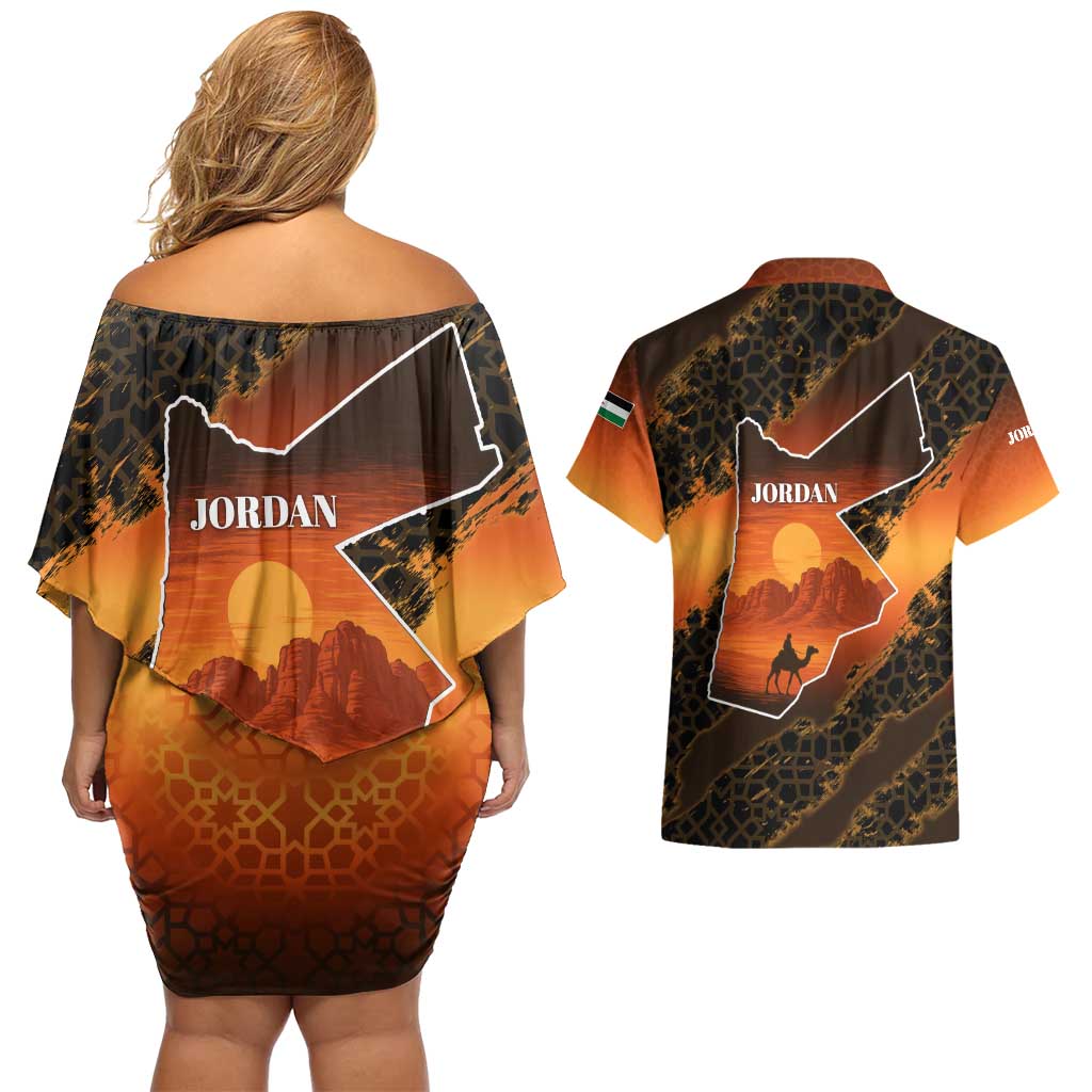 Jordan Desert Sunset Couples Matching Off Shoulder Short Dress and Hawaiian Shirt with Camel and Traditional Geometric Pattern