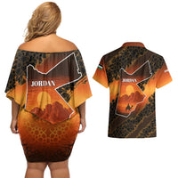 Jordan Desert Sunset Couples Matching Off Shoulder Short Dress and Hawaiian Shirt with Camel and Traditional Geometric Pattern
