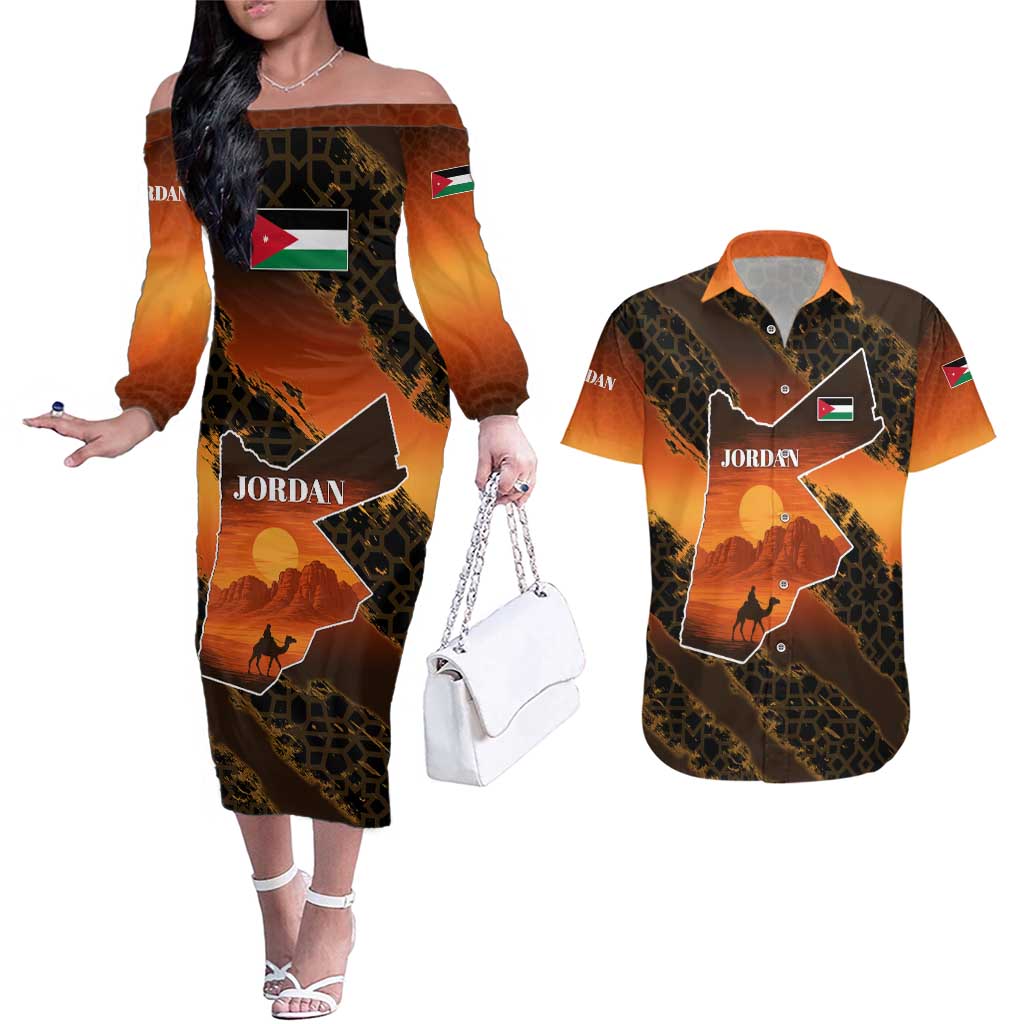 Jordan Desert Sunset Couples Matching Off The Shoulder Long Sleeve Dress and Hawaiian Shirt with Camel and Traditional Geometric Pattern
