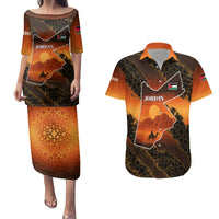 Jordan Desert Sunset Couples Matching Puletasi and Hawaiian Shirt with Camel and Traditional Geometric Pattern