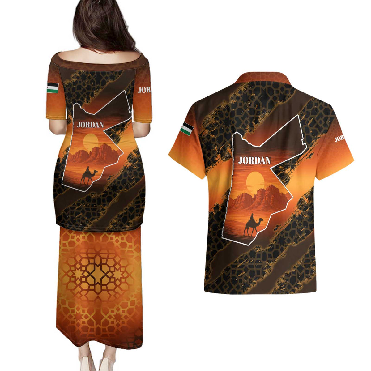 Jordan Desert Sunset Couples Matching Puletasi and Hawaiian Shirt with Camel and Traditional Geometric Pattern