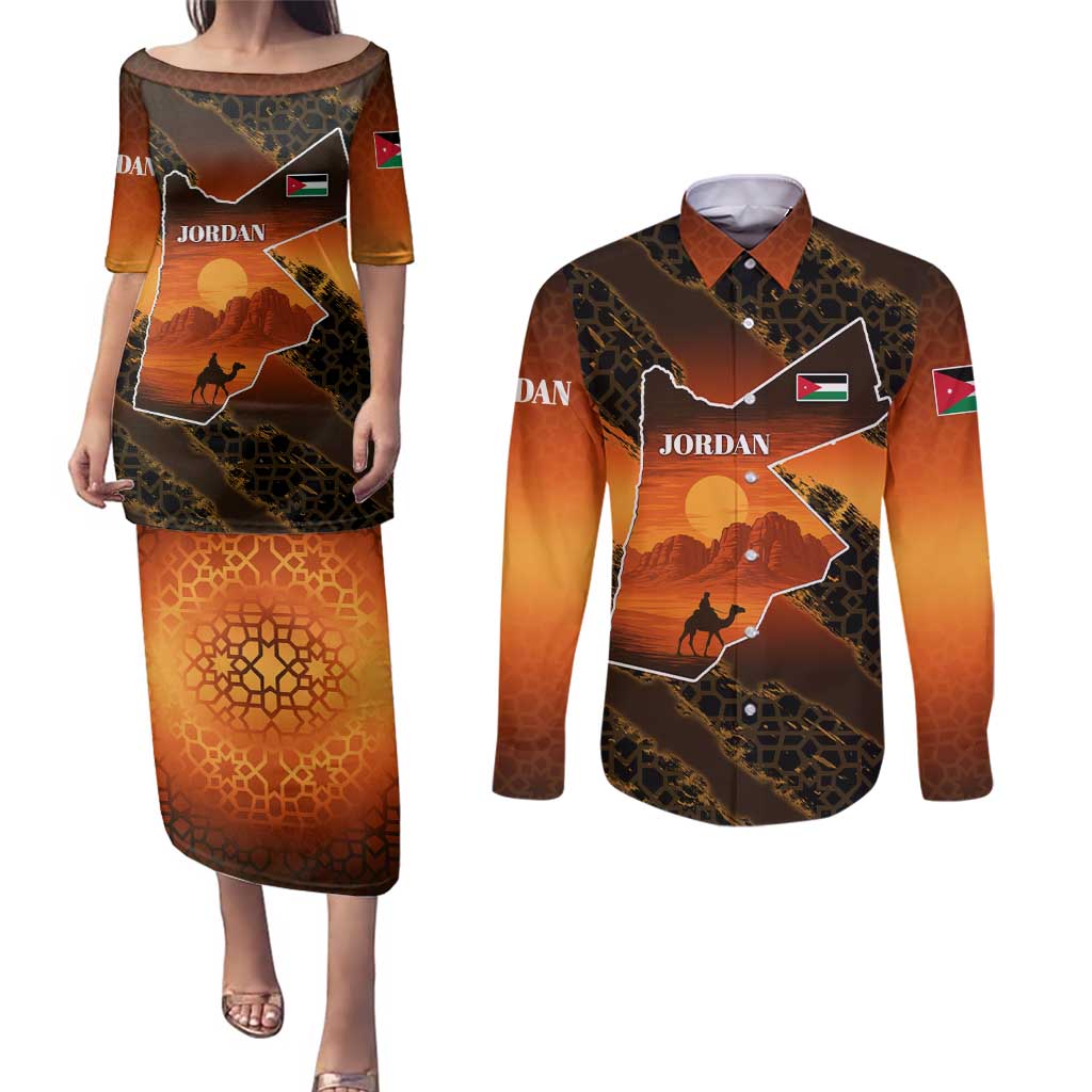 Jordan Desert Sunset Couples Matching Puletasi and Long Sleeve Button Shirt with Camel and Traditional Geometric Pattern