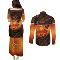 Jordan Desert Sunset Couples Matching Puletasi and Long Sleeve Button Shirt with Camel and Traditional Geometric Pattern