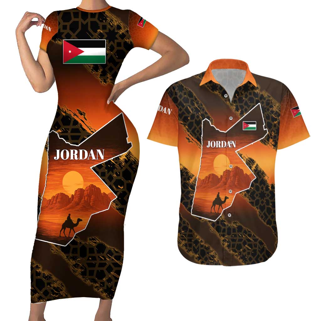 Jordan Desert Sunset Couples Matching Short Sleeve Bodycon Dress and Hawaiian Shirt with Camel and Traditional Geometric Pattern