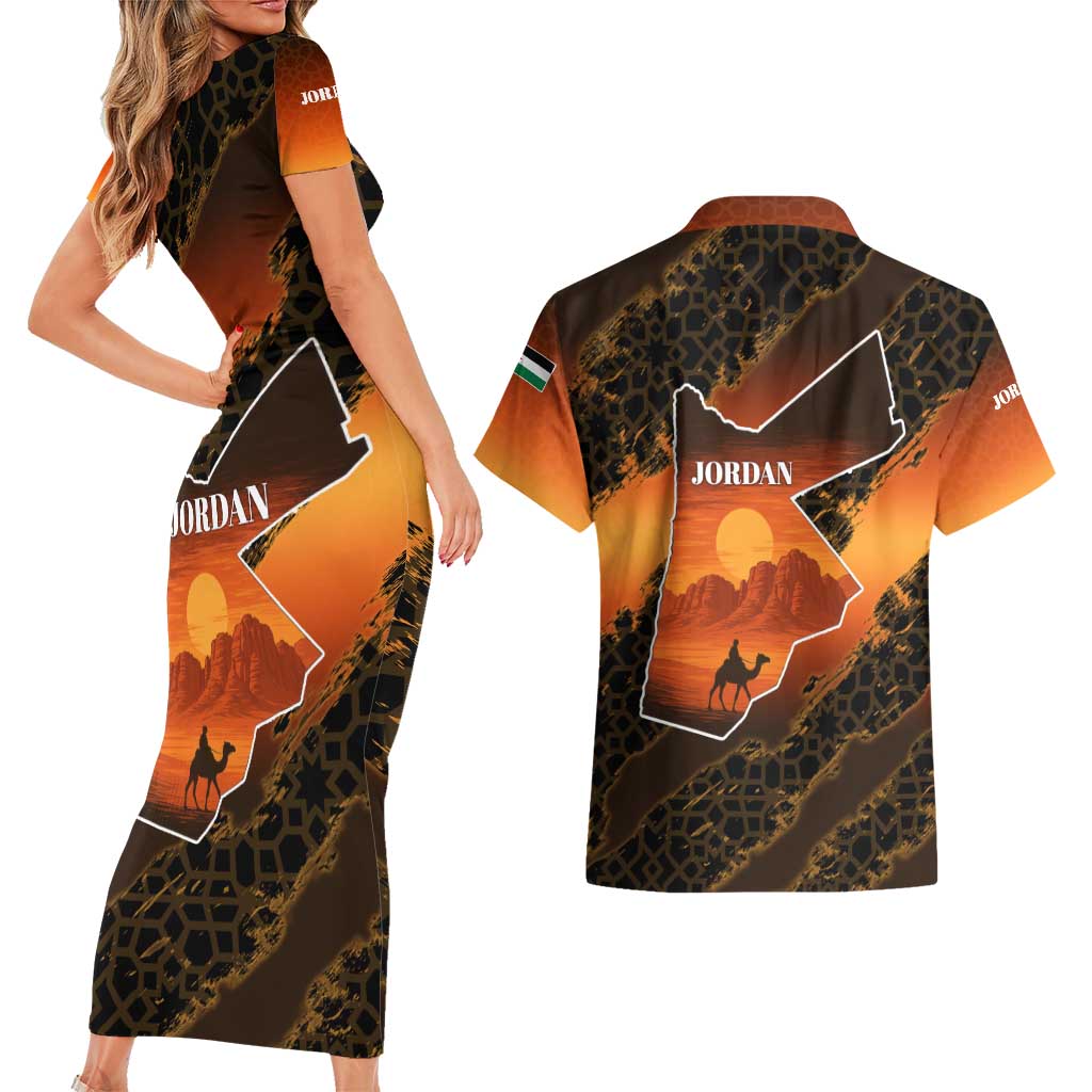 Jordan Desert Sunset Couples Matching Short Sleeve Bodycon Dress and Hawaiian Shirt with Camel and Traditional Geometric Pattern