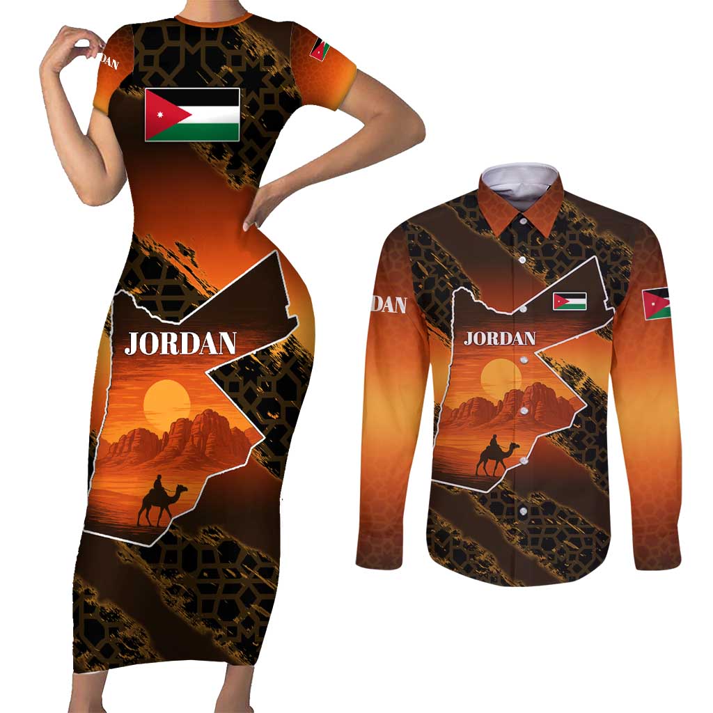Jordan Desert Sunset Couples Matching Short Sleeve Bodycon Dress and Long Sleeve Button Shirt with Camel and Traditional Geometric Pattern