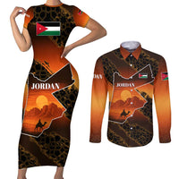 Jordan Desert Sunset Couples Matching Short Sleeve Bodycon Dress and Long Sleeve Button Shirt with Camel and Traditional Geometric Pattern