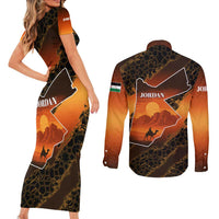 Jordan Desert Sunset Couples Matching Short Sleeve Bodycon Dress and Long Sleeve Button Shirt with Camel and Traditional Geometric Pattern