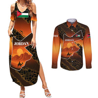 Jordan Desert Sunset Couples Matching Summer Maxi Dress and Long Sleeve Button Shirt with Camel and Traditional Geometric Pattern