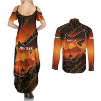 Jordan Desert Sunset Couples Matching Summer Maxi Dress and Long Sleeve Button Shirt with Camel and Traditional Geometric Pattern