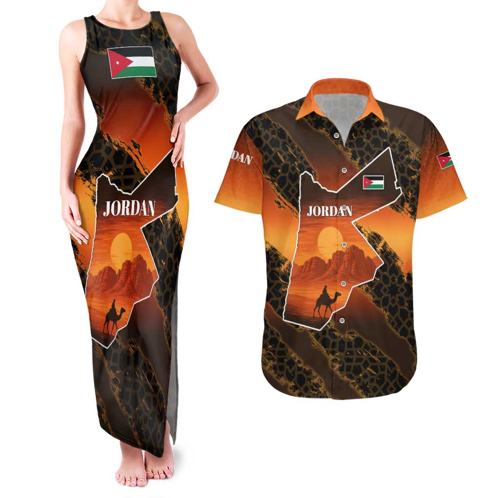 Jordan Desert Sunset Couples Matching Tank Maxi Dress and Hawaiian Shirt with Camel and Traditional Geometric Pattern