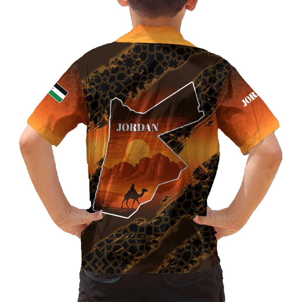 Jordan Desert Sunset Family Matching Long Sleeve Bodycon Dress and Hawaiian Shirt with Camel and Traditional Geometric Pattern